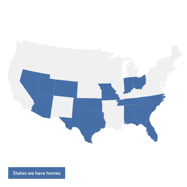 Map of the U.S. with 10 states highlighted in blue, representing states where there are homes, according to the legend in the bottom left corner.