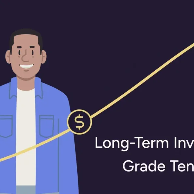 Illustration of a smiling person standing beside a rising line graph with dollar signs, house icon, and text reading "Long-Term Investment Grade Tenants.