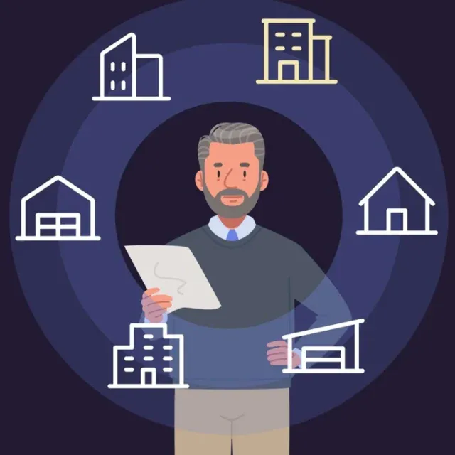 Illustration of a man holding a document, surrounded by icons of various types of buildings, suggesting real estate or property management.