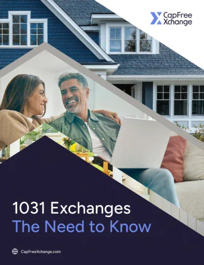 A couple sits together on a couch with a laptop, smiling, overlaid on an image of a house exterior; text reads "1031 Exchanges The Need to Know.